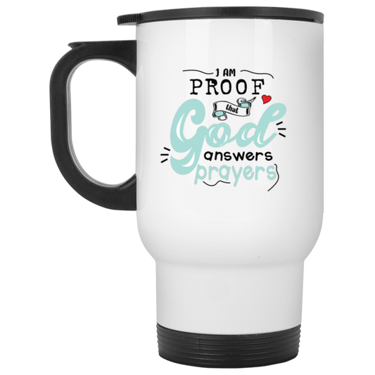 CLOSEOUT - XP8400W White Travel Mug | GOD ANSWERS PRAYERS